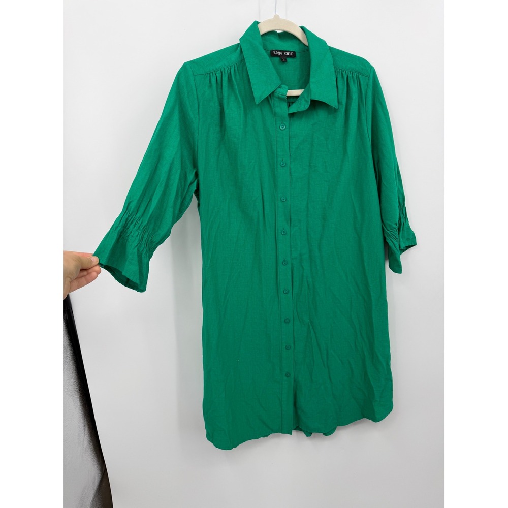 Boho Chic Smocked Sleeve Shirt Dress Women Large Green Button Front Tencel Blend